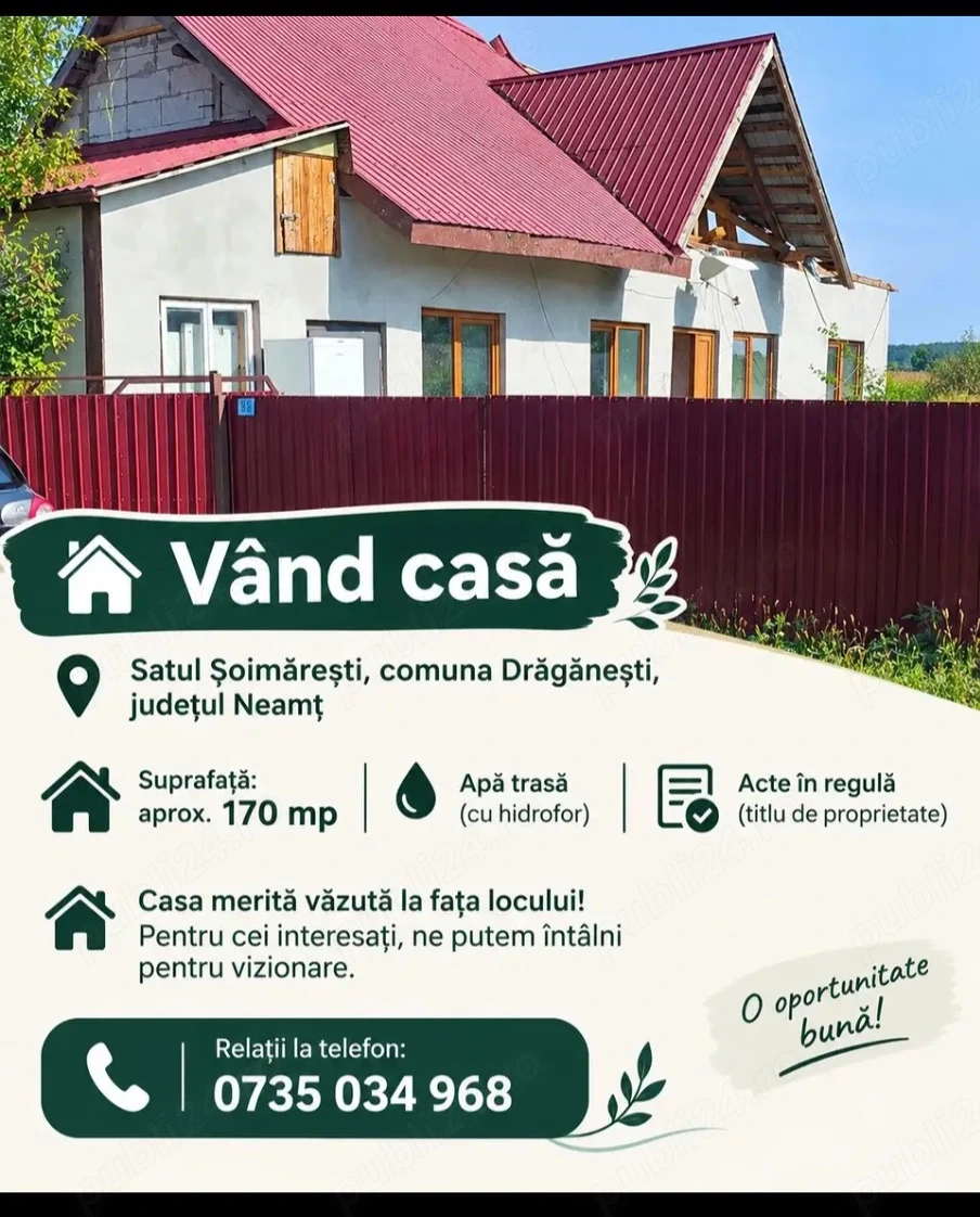 Vând casă în satul  Soimaresti comuna Draganesti județul Neamt