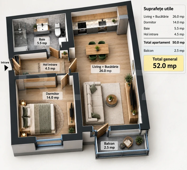 Apartament semifinisat cu 2 camere, 52 mp, etaj 2, garaj, zona Teilor