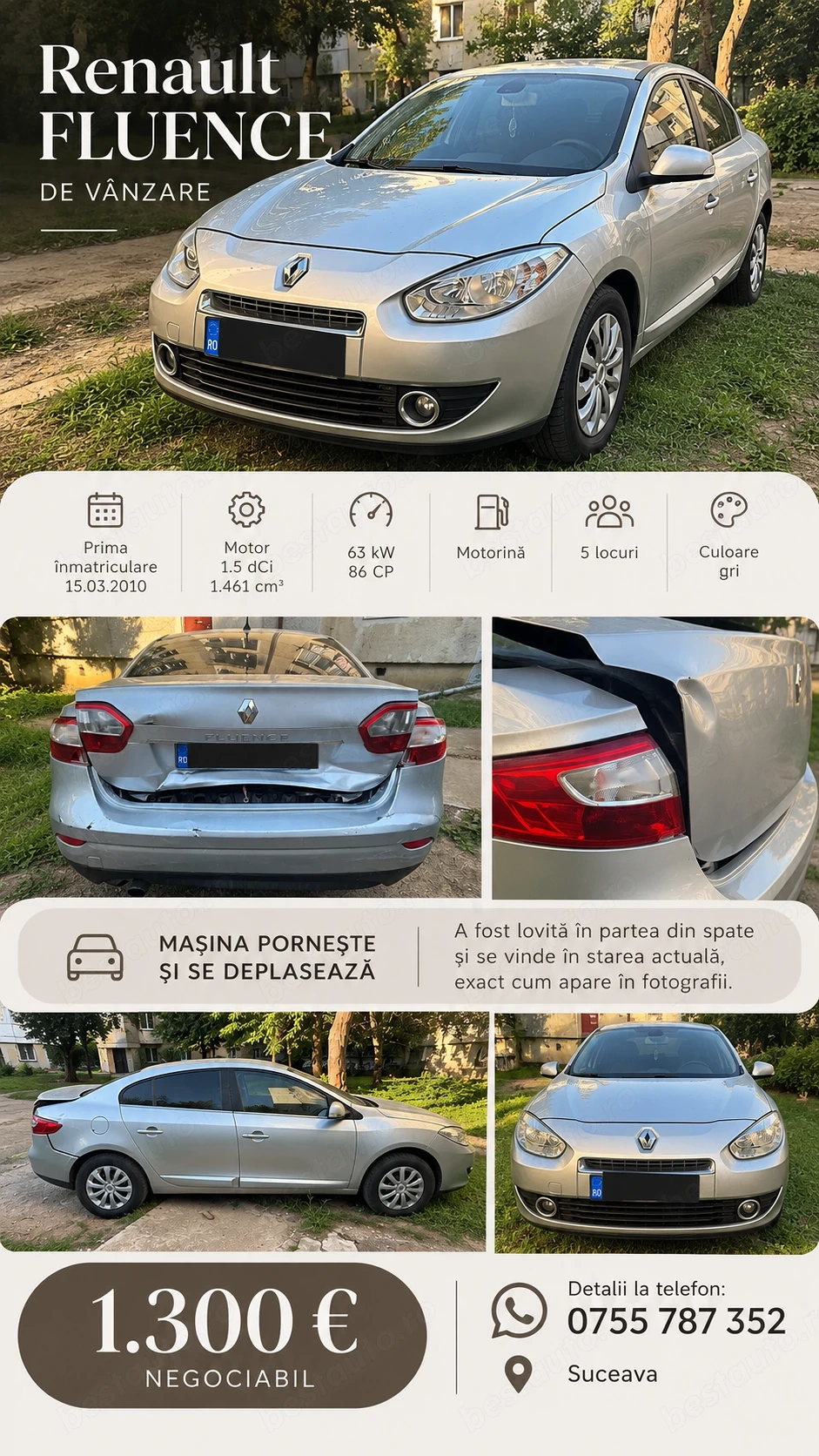Renault Fluence 1 .5 dCi, 2010, avariat spate  