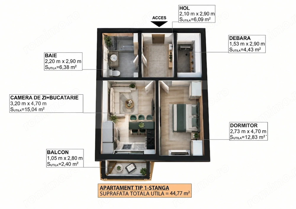 Apartament cu 2 camere, 44,77 mp utili, balcon