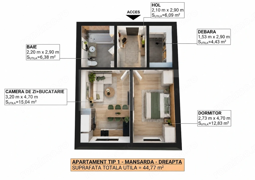 Apartament cu 2 camere, 44,77 mp utili