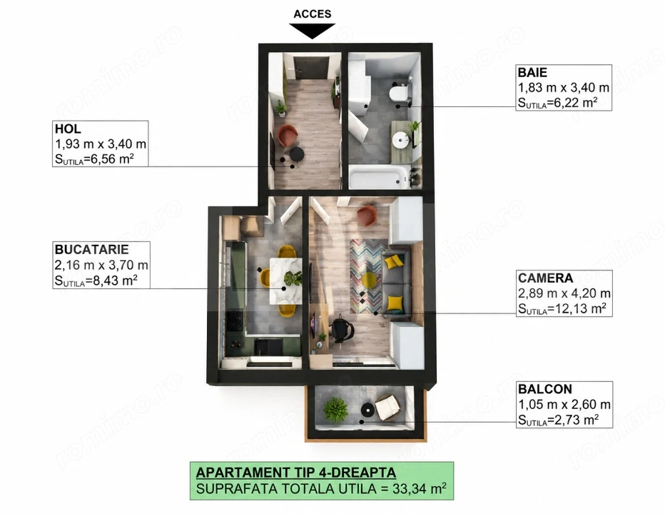 Apartament 1 cameră, 33,34 mp, balcon și bucătărie separată