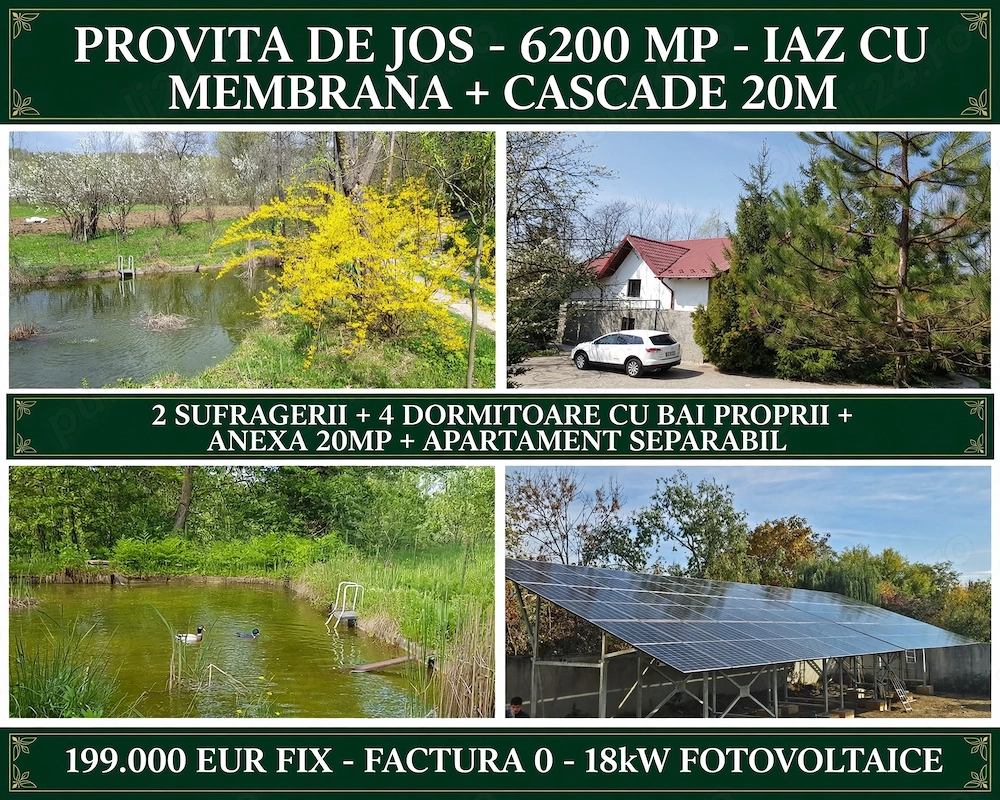 Provița de Jos - 6200 MP - IAZ cu MEMBRANĂ + CASCADE 20M - Casă 270 MP - 2 Livinguri + 4 Dormitoare 