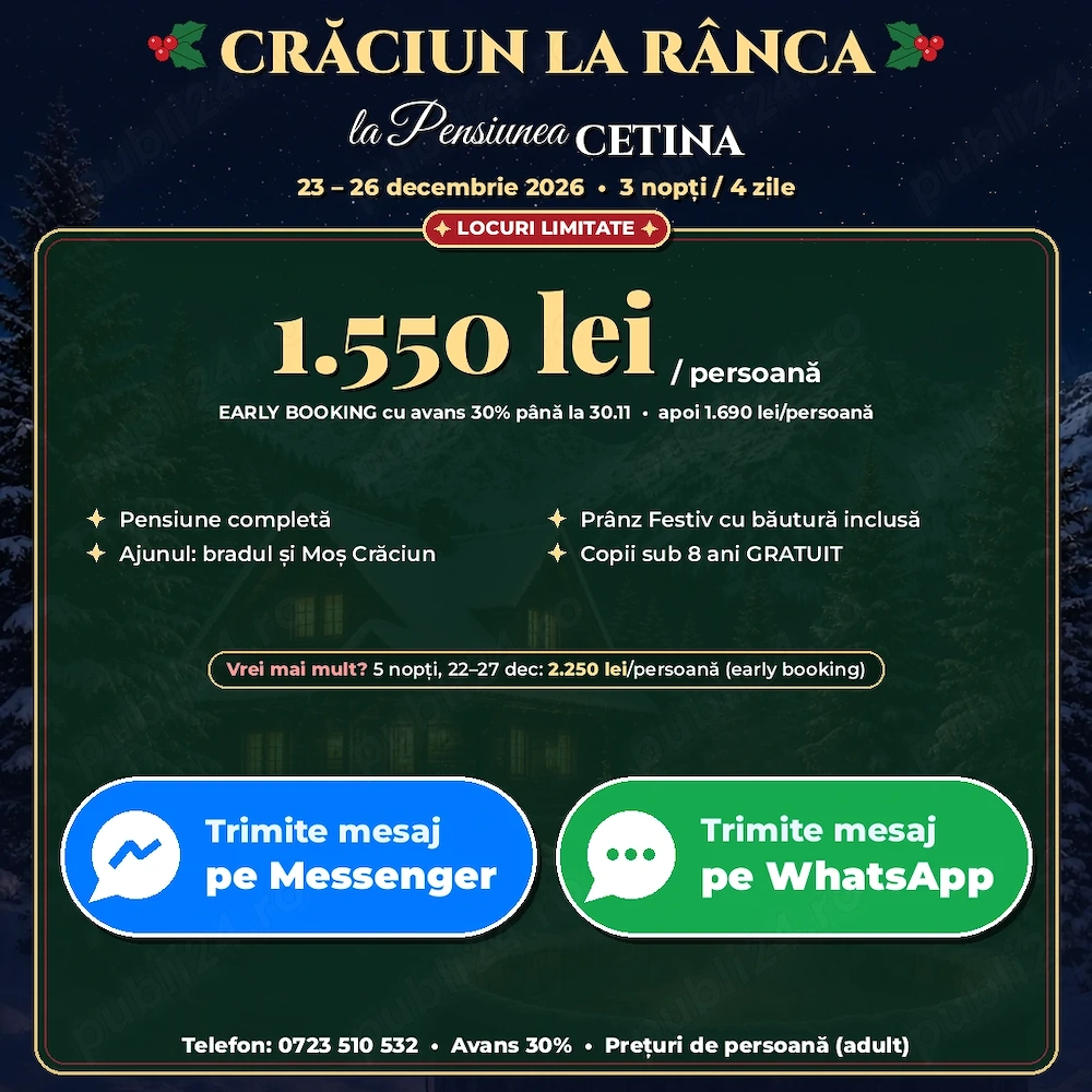 Crăciun la Rânca 2026   3 nopți, 1.550 lei persoană, pensiune completă