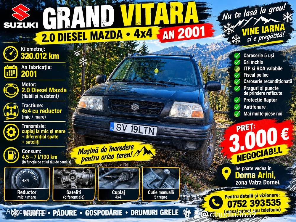  Suzuki Grand Vitara 2.0 Diesel 4x4   GATA PENTRU IARNĂ!         Preț: 3.000   negociabil! Vine iarn