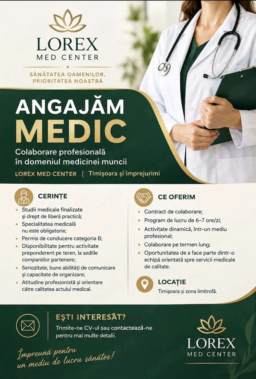 Angajez medic de orice specialitate, cu drept de libera practica