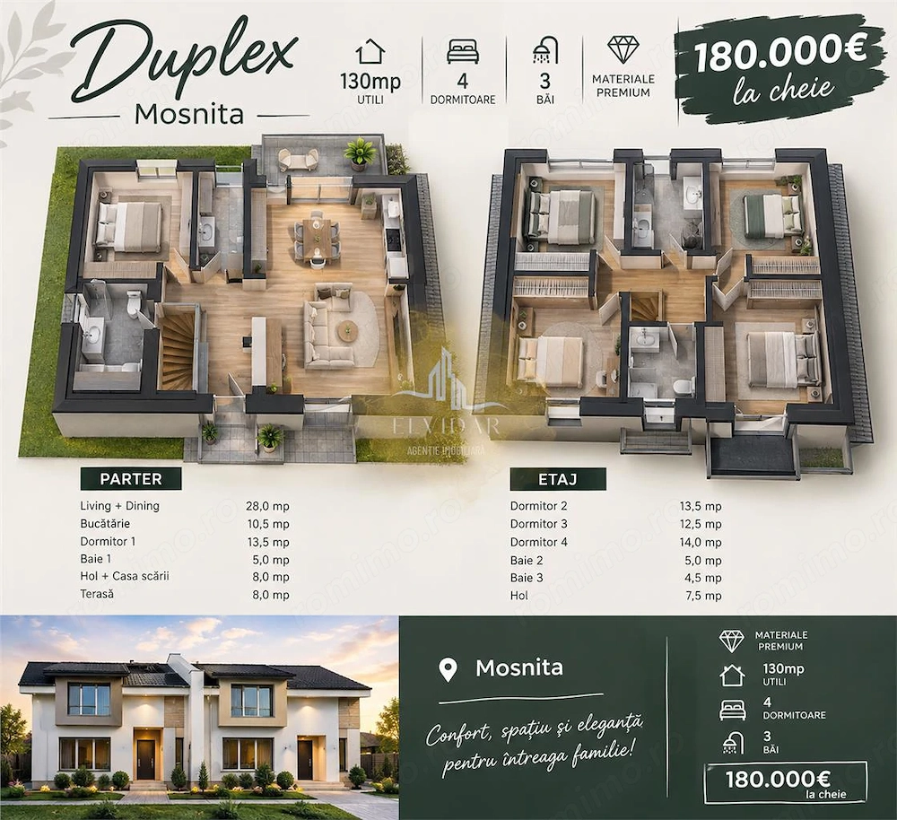 Duplex Mosnita noua | 4 dormitoare | 3 bai | 130 mp utili