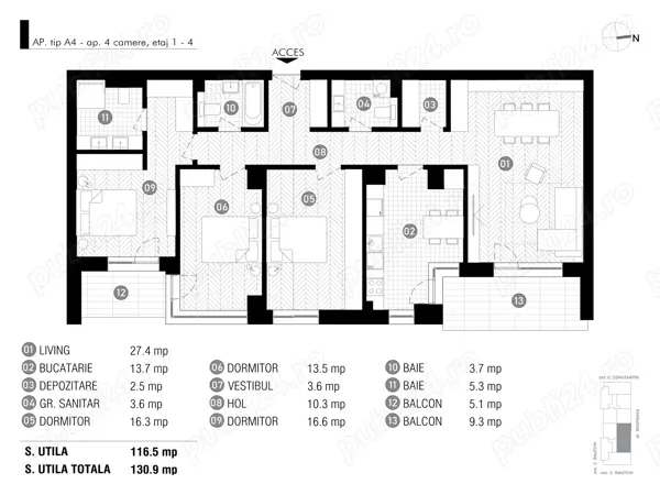 Antracit Coanda - Ap 4 camere, 3 bai, depozitare - Bonus Boxa — fotografia 3
