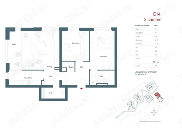 3 camere, 77 mp suprafata utila + logie de 7 mp, str Stuparilor, nr.6, Timisoara