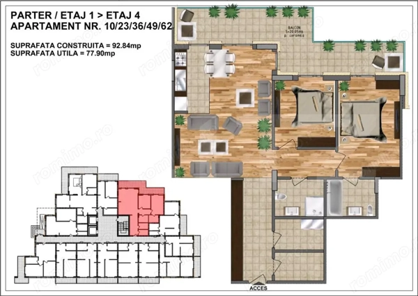 Apartament de vânzare – bloc nou, zona Aurel Vlaicu 77,90 mp+ terasa 20 ceramica — fotografia 1