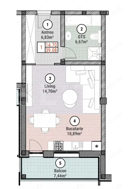 Apartament cu 1 camere 39 mp utili — fotografia 1