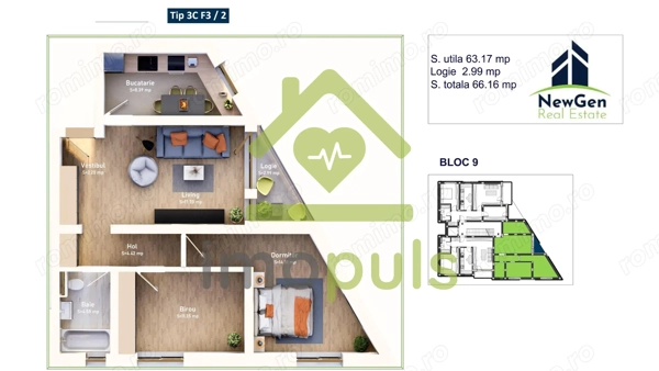 Apartament cu 3 camere, 63,17 mp + balcon 2,99 mp .COMISION 0%✨ — fotografia 1