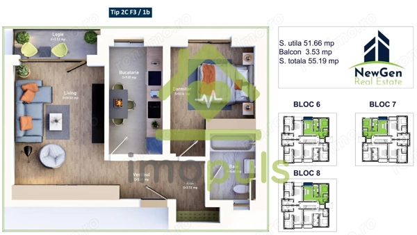 Apartament cu 2 camere, 51,66 mp + balcon 3,53 mp .COMISION 0%✨ — fotografia 1