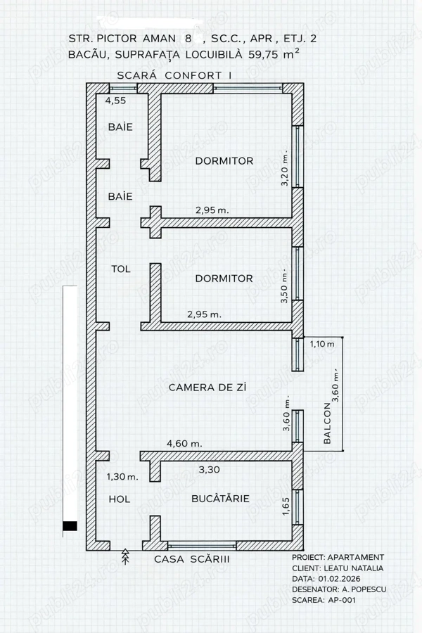 Inchiriez - Apartament 3 camere, etaj 2 4, centrală proprie, zonă centrală - lângă Primărie — fotografia 3