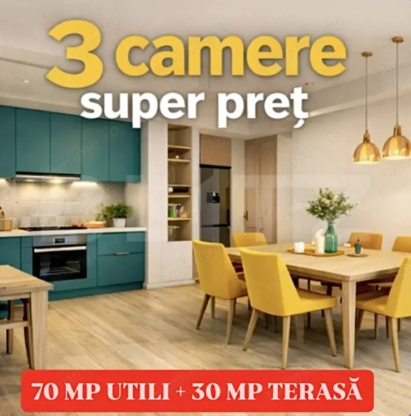 Apartament cu 3 camere, 70 mp utili + Terasa 30 mp, Giroc — fotografia 1