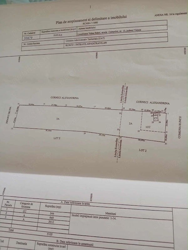 Teren de vanzare in Runcu, sat. Valea Babei, str. Campului nr 12 - jud. Valcea 5100 mp
