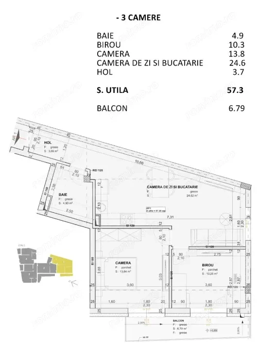 Apartament 3 camere, 57 mp, FINISAT LUX, nZEB, zona Centrala — fotografia 3