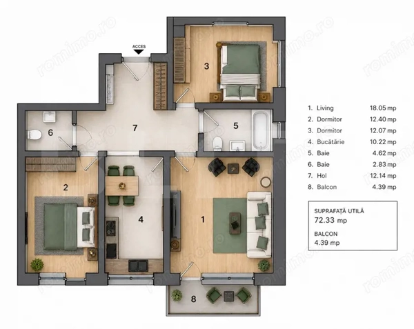 Apartament 3 camere, 2 bai , 72 mp + 4 mp terasa — fotografia 1
