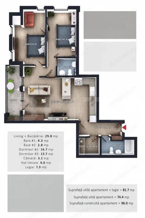 Apartament 3 camere, 2 bai, 2 balcoane, CF parcare subterana, boxa, Zona Vivo — fotografia 1