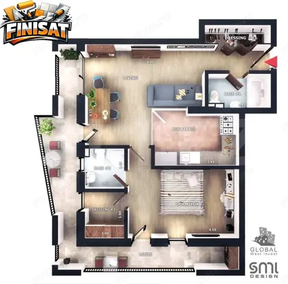 Apartament 2 camere, FINISAT, terasă 19mp, CF, 2 bai, parcare, boxa | Zona Vivo — fotografia 1