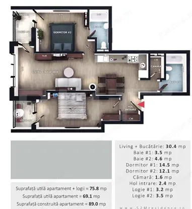 Apartament 3 camere, 69 mp, 2 bai, 2 balcone, CF, parcare, boxa, Zona Vivo — fotografia 1