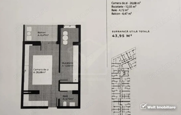 Apartament cu o camera, bloc nou, 42,24 mp plus balcon, loc parcare, Gheorgheni — fotografia 3