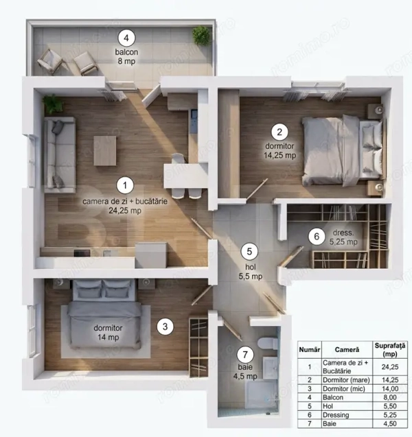 Apartament cu 3 camere, dressing și balcon, etajul 1 — fotografia 1