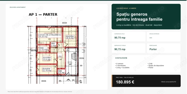 Apartament generos cu 4 camere și două băi, 90,75 mp — fotografia 3
