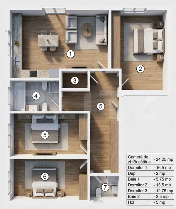 Apartament generos cu 4 camere și două băi, 90,75 mp — fotografia 1
