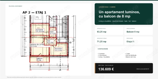 Apartament cu 3 camere și balcon de 8 mp, etajul 1 — fotografia 3