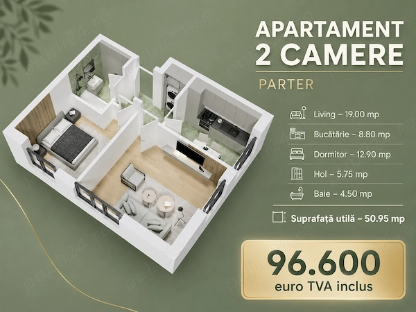 Apartament 2 camere, 50,95 mp utili, parter Drumul Fermei | 0% comision — fotografia 1