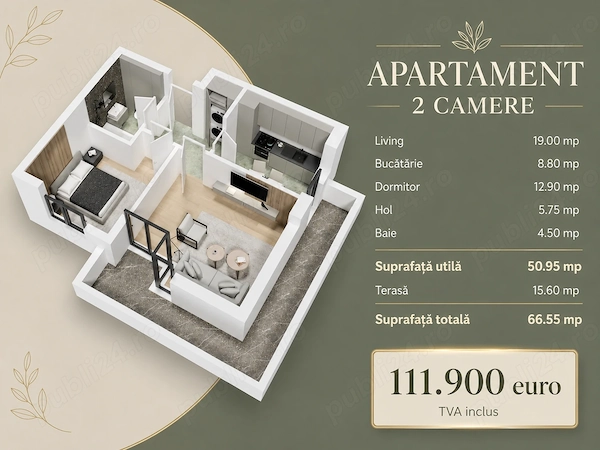 Apartament 2 camere, terasă 16 mp Drumul Fermei, Popești Leordeni, 0% comision — fotografia 1