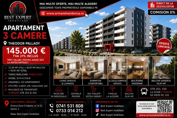 3 Camere| Încălzire în Pardoseala| La avans 15% Discount 50% la Parcare| Pallady — fotografia 1