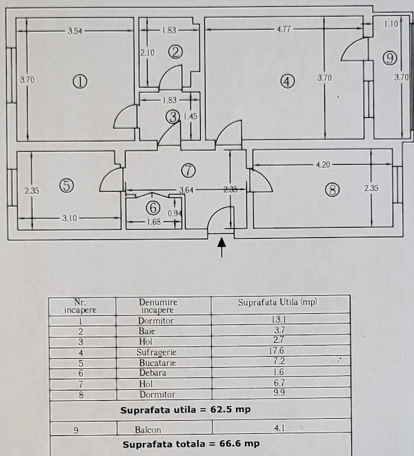 Vânzare un apartament cu 3 camere decomandat, Su=62,5 m.p. etaj 2, bloc S+P+4, an construcție 1972 — fotografia 2