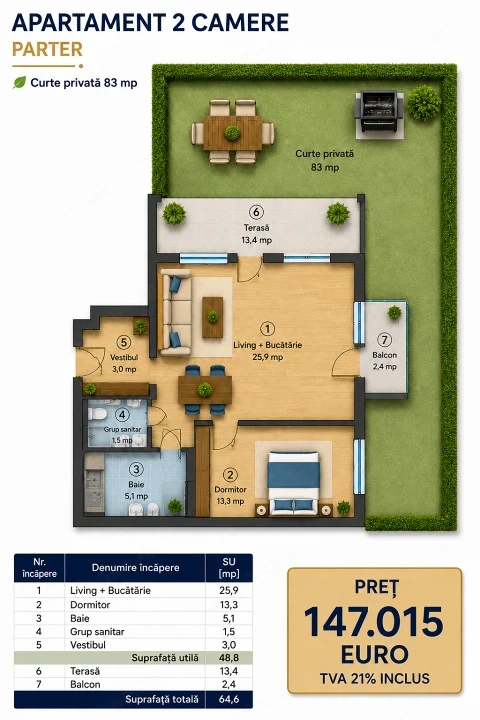 Apartament 2 camere cu gradina Otopeni, bloc arhitectura unica — fotografia 3