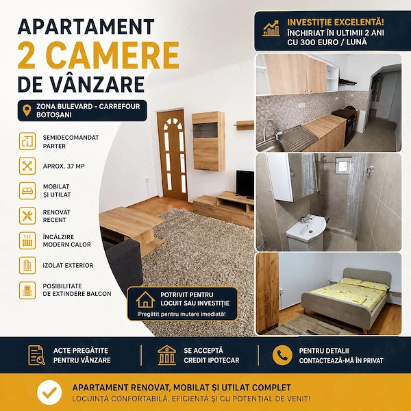 Vand Apartament 2 camere | Parter | Bulevard Carrefour Botoșani | Ideal investiție — fotografia 1