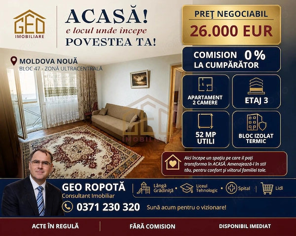 Apartament 2 camere in zona ultracentrala Moldova Noua — fotografia 1