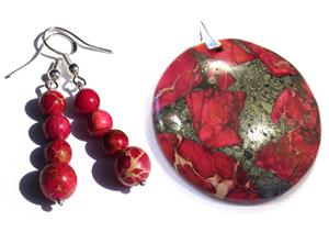 Set pandantiv si cercei din Argint 925, Jasp sediment rosu si Pirita   PA483, CE483