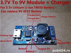 Baterie 9V 6F22 sursa step up lithium ion, incarcare micro USB TP4056, incarcator, baterie