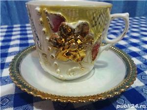 Ceasca+farfurie vintage placata cu aur ,,Ich gratulire,,