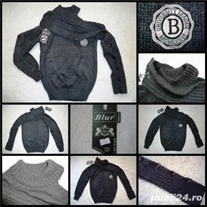 Pulover gros sexy barbati gri asimetric 2 gulere maneci diferite 8 nasturi lana pulovere barbatesti 