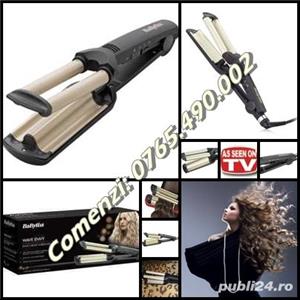 Placa tripla ceramica profesionala Babyliss Wave Envy invelis titaniu antistatic bucle mari profunde - imagine 3
