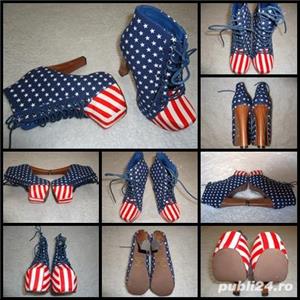 Botine dama ghete imprimeu steag SUA platforme toc lemn 12 cm drapel America model agreat Lady Gaga - imagine 2