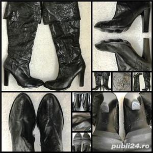 Cizme originale Diesel negre peste genunchi dama piele creponata toc gros 11 cm talpa in valuri