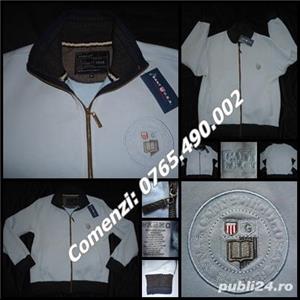 Bluza bleu groasa barbati sport casual GANT U.S.A. 100% bumbac maneci guler gri tricotate hanorac - imagine 2