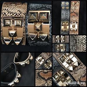 Bratara lata dama piele ecologica snake print maro gri accesorii aurii circumferinta reglabila - imagine 2