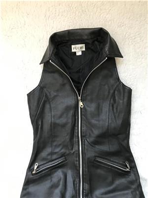 Rochie mini neagra mulata piele ecologica 2 buzunare vesta lunga guler club moto chopper biker