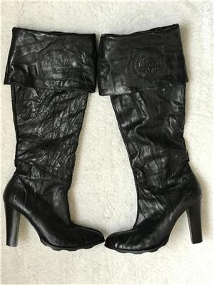 Cizme originale Diesel negre peste genunchi dama piele creponata toc gros 11 cm talpa in valuri - imagine 6