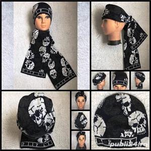 Fular + fes unisex made in Italy 90% lana cranii albe gri supradimensionate sal caciula barbati dama - imagine 2