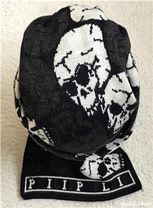 Fular + fes unisex made in Italy 90% lana cranii albe gri supradimensionate sal caciula barbati dama - imagine 7
